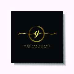 Initial EJ Handwriting logo brush circle template is gold color. Handwriting logo minimalist Gold color luxury