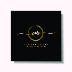 Initial EM Handwriting logo brush circle template is gold color. Handwriting logo minimalist Gold color luxury