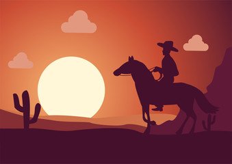 silhouette scenery cowboy in desert on sunset time