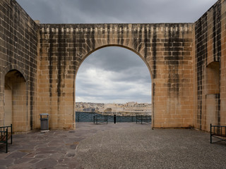 Arch of Upper Barrakka Gardens in cloudy day, Valletta, Malta