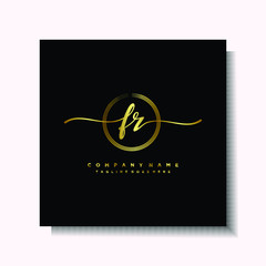 Initial FR Handwriting logo brush circle template is gold color. Handwriting logo minimalist Gold color luxury