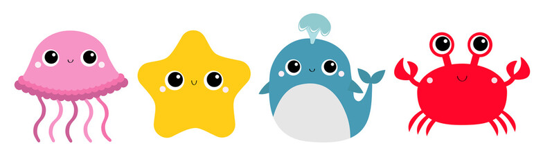 Whale Jellyfish Crab Starfish toy icon set line. Big eyes. Yellow star. Cute cartoon kawaii funny baby character. Sea ocean animal collection. Flat design. Kids print. White background. Isolated.