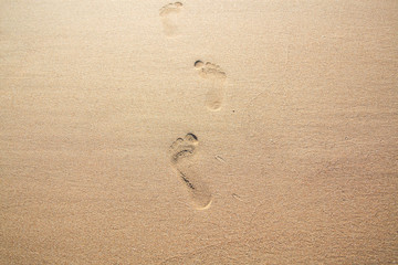 Fototapeta na wymiar Traces of feet on the beach yellow sand.