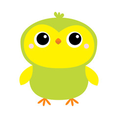Parrot bird toy icon. Big eyes. Green yellow color. Funny Kawaii animal standing. Kids print. Cute cartoon baby character. Pet collection. Flat design White background