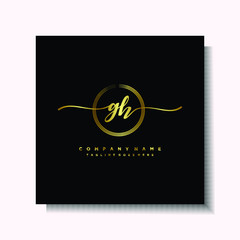 Initial GH Handwriting logo brush circle template is gold color. Handwriting logo minimalist Gold color luxury