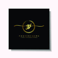 Initial GJ Handwriting logo brush circle template is gold color. Handwriting logo minimalist Gold color luxury