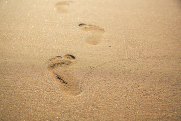 Fototapeta na wymiar Traces of feet on the beach yellow sand.