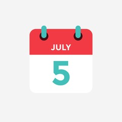 Flat icon calendar 5 of July. Date, day and month. Vector illustration.