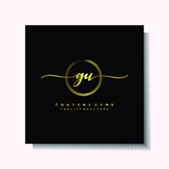 Initial GU Handwriting logo brush circle template is gold color. Handwriting logo minimalist Gold color luxury