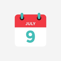 Flat icon calendar 9 of July. Date, day and month. Vector illustration.
