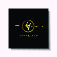 Initial HF Handwriting logo brush circle template is gold color. Handwriting logo minimalist Gold color luxury