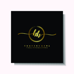 Initial HH Handwriting logo brush circle template is gold color. Handwriting logo minimalist Gold color luxury