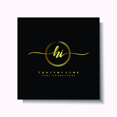 Initial HI Handwriting logo brush circle template is gold color. Handwriting logo minimalist Gold color luxury