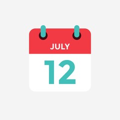Flat icon calendar 12 of July. Date, day and month. Vector illustration.