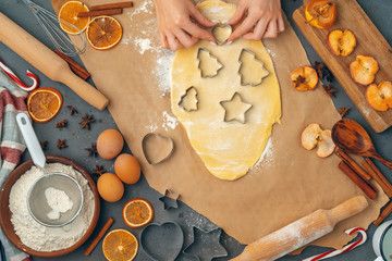 Fototapeta na wymiar female hands making cookies from fresh dough at home