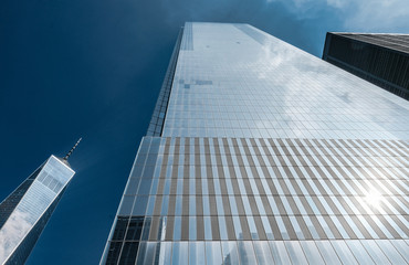 Vertical view of a newly built skyscraper seen in the Manhattan skyline, New York.