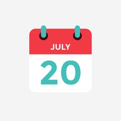 Flat icon calendar 20 of July. Date, day and month. Vector illustration.
