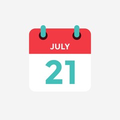 Flat icon calendar 21 of July. Date, day and month. Vector illustration.
