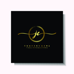 Initial JE Handwriting logo brush circle template is gold color. Handwriting logo minimalist Gold color luxury