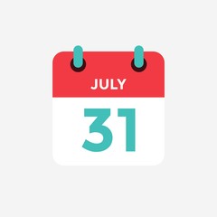 Flat icon calendar 31 of July. Date, day and month. Vector illustration.