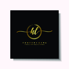 Initial KL Handwriting logo brush circle template is gold color. Handwriting logo minimalist Gold color luxury