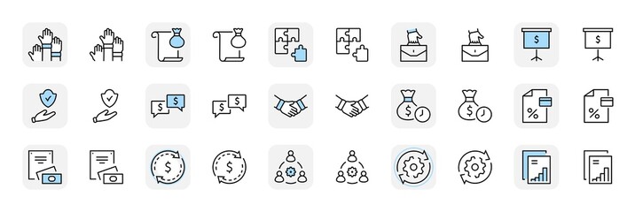 Set of Business Cooperation Vector Line Icons. Contains such Icons as Puzzle, Partnership, Money, Handshake, Dollars, Team, Synergy, Work, Interaction and more.Editable Stroke. 32x32 Pixel Perfect.