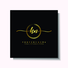 Initial KN Handwriting logo brush circle template is gold color. Handwriting logo minimalist Gold color luxury