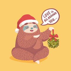  Christmas illustration with sloth in santa's hat holding mistletoe. Merry Christmas lettering quote- love is all around you. Children's illustrations. Christmas card design