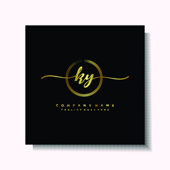 Initial KY Handwriting logo brush circle template is gold color. Handwriting logo minimalist Gold color luxury