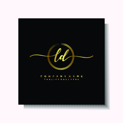 Initial LD Handwriting logo brush circle template is gold color. Handwriting logo minimalist Gold color luxury