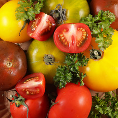 various tomato and herbs, top view