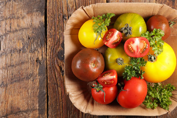 various tomato and herbs, top view