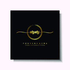 Initial MM Handwriting logo brush circle template is gold color. Handwriting logo minimalist Gold color luxury