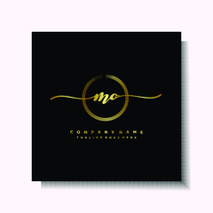 Initial MO Handwriting logo brush circle template is gold color. Handwriting logo minimalist Gold color luxury