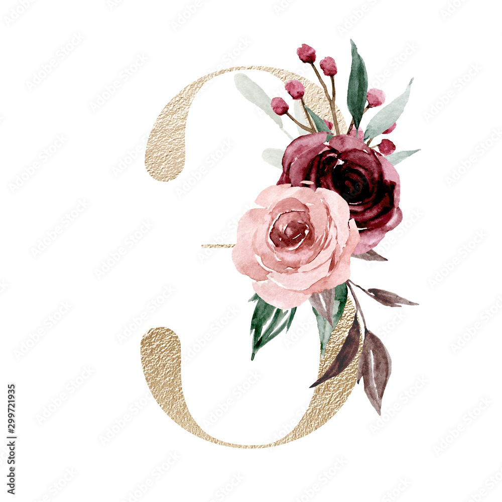 Canvas Prints number 3 gold with watercolor flowers roses and leaf. perfectly for wedding, birthday invitations, g - Canvas Prints