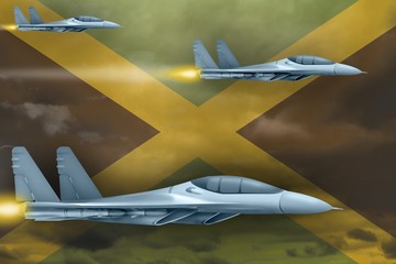 Jamaica air forces strike concept. Air planes attack on Jamaica flag background. 3d Illustration