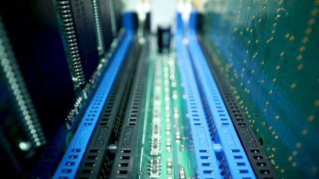 computer hardware. closeup of ram memory modules in motherboard