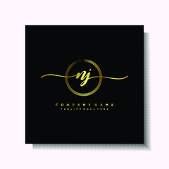 Initial NJ Handwriting logo brush circle template is gold color. Handwriting logo minimalist Gold color luxury