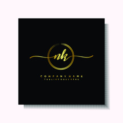 Initial NK Handwriting logo brush circle template is gold color. Handwriting logo minimalist Gold color luxury