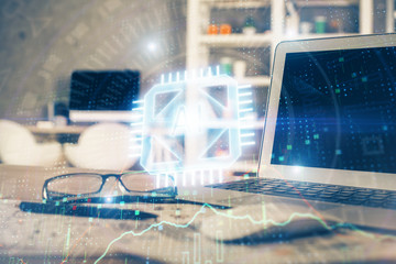 Technology theme drawing and table with computer. Multi exposure. Concept of information.