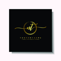 Initial NT Handwriting logo brush circle template is gold color. Handwriting logo minimalist Gold color luxury