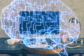 Double exposure of table with computer and brain hologram. Data innovation concept.