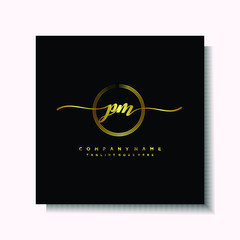 Initial PM Handwriting logo brush circle template is gold color. Handwriting logo minimalist Gold color luxury