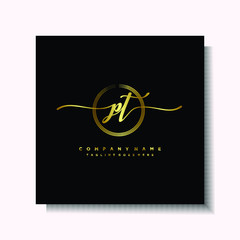 Initial PT Handwriting logo brush circle template is gold color. Handwriting logo minimalist Gold color luxury