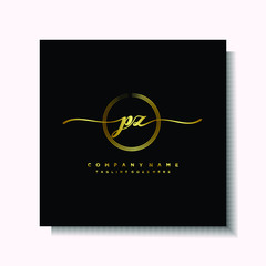 Initial PZ Handwriting logo brush circle template is gold color. Handwriting logo minimalist Gold color luxury