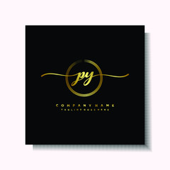 Initial PY Handwriting logo brush circle template is gold color. Handwriting logo minimalist Gold color luxury