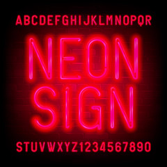 Neon Sign alphabet font. Red neon light condensed letters and numbers on brick wall background. Stock vector typescript for your typography design.