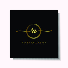 Initial RI Handwriting logo brush circle template is gold color. Handwriting logo minimalist Gold color luxury