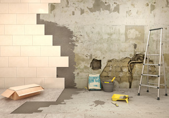 Fototapeta na wymiar Laying tiles on old and damaged walls and floor, 3d illustration