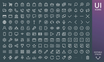 Rectangular style website icons ui material design set. Set of ecommerce and online shopping icons - cart, bag, delivery truck, payments, arrows, assistant, chat, filter, documents on dark background.